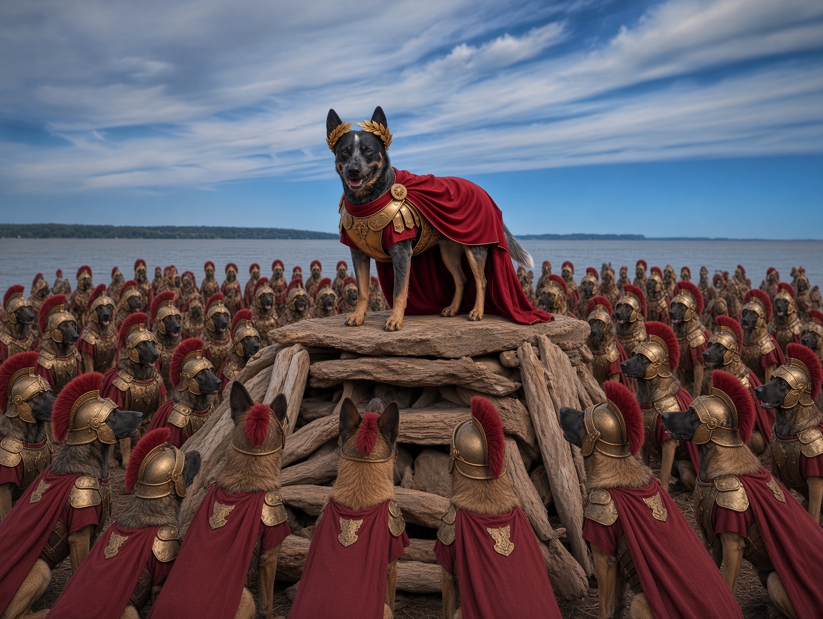 Barkus Aurelius addressing an assembled legion from atop a raised platform, in Roman armor and laurel wreath